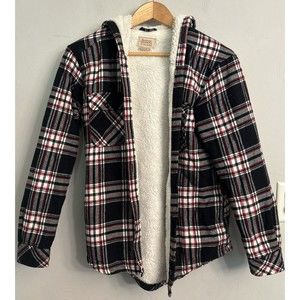 Boston Traders Sherpa Lined Flannel Brushpopper Hoodie Black Red White Mens Sz S